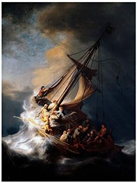 Alonline Art - ישו בים הסערה של הגליל מאת רמברנדט | תמונה ממוסגרת אלומיניום שחור מודפסת על